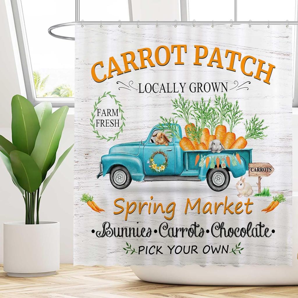 Cute Bunny Floral Shower Curtain Easter Rabbit Truck Watercolor Flower Plant Green Leaves Butterfly Bathroom Decor with Hooks