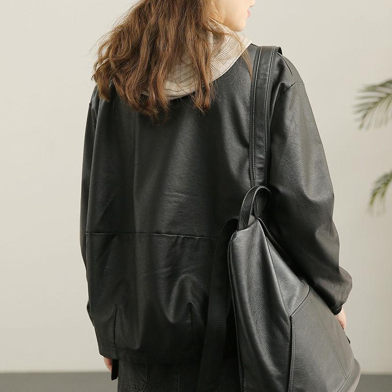 Жіночі вінтажні куртки з ПУ шкіри великих розмірів на осінь-зиму, оверсайз, вільні, повсякденні, чорні, з довгим рукавом, короткі топи, верхній одяг