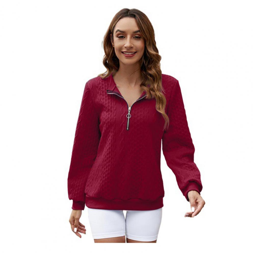 Fall Winter Women Sweatshirt Zipper Turn-down Collar Solid Color Long Sleeve Loose Twisted Texture Thick Warm Pullover Casual La