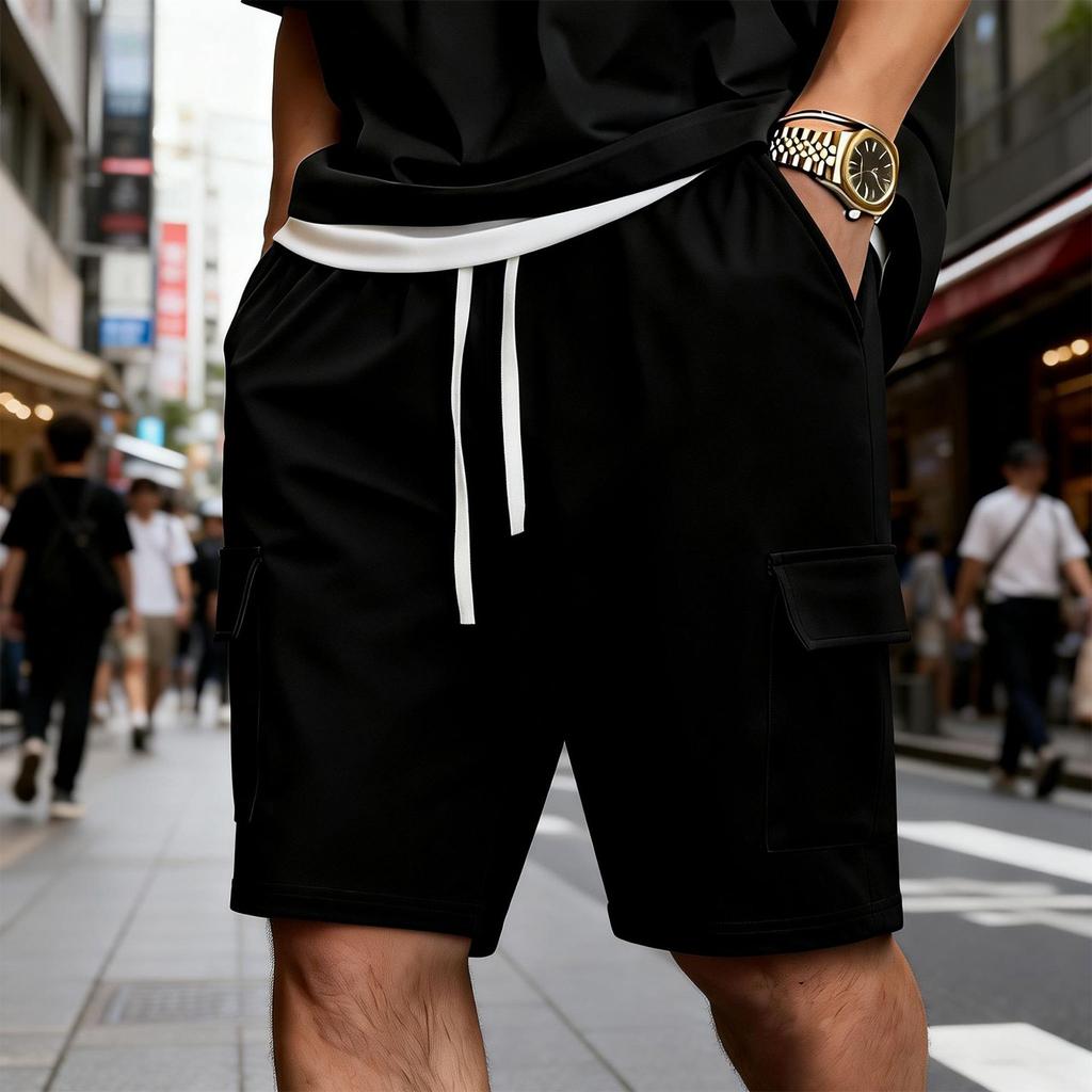 Men’s Casual Drawstring Waist Cargo Shorts with Multiple Pockets Relaxed Mid-Length Pants for Daily Wear