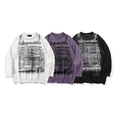 Diablo Letter Printed Rip Sweater Men's Ins High Street Trendy Brand Loose Crewneck Pullover Sweater