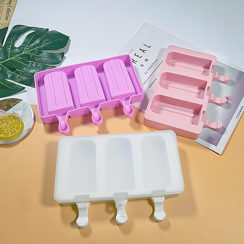 Food Grade Silicone Ice Cream Mold, Pop Cube, Popsicle with Sticks, Dessert DIY, Magnum Cake Maker, 3 Holes