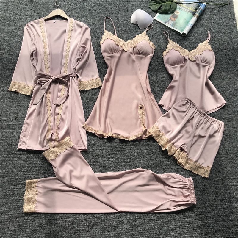 

Five-Piece Pajamas for Women V-neck Sexy Lace Autumn Trousers Pajamas Five-Piece Set Lotus root color S