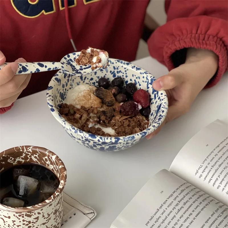 Piatto Rotondo Blu Navy Stoviglie Smalto Yogurt Avena Piatti per Colazione Tazze da Caffè Piatti per Insalata di Frutta Stoviglie Domestiche