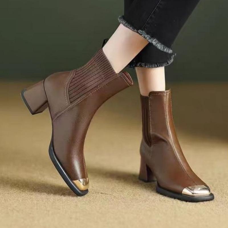 Fashion Mid Calf Shoes Woman Elastic Middle Heel Square Toe Black Half High Boots for Women on Offer Large Size Warm Footwear Promotion