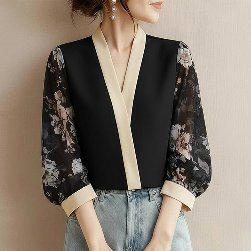 ZANZEA Women Casual V-Neck Print Splice 3/4 Sleeve Blouse