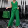 Women's Dark Green Sleeveless V-Neck Top with Wide-Leg Pants Set, Casual Elegant Outfit with Gold Accessories