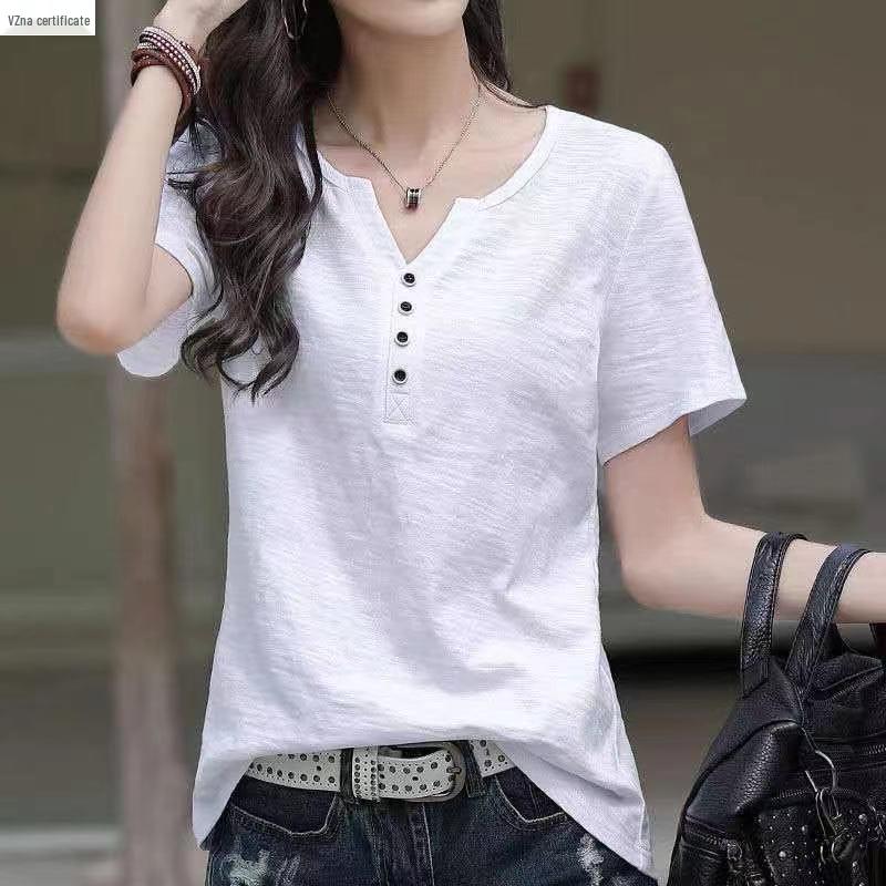 Women's 2024 Summer Plus-Size Retro V-Neck Short-Sleeve T-Shirt - Solid Color, Simple, Versatile, and Trendy.