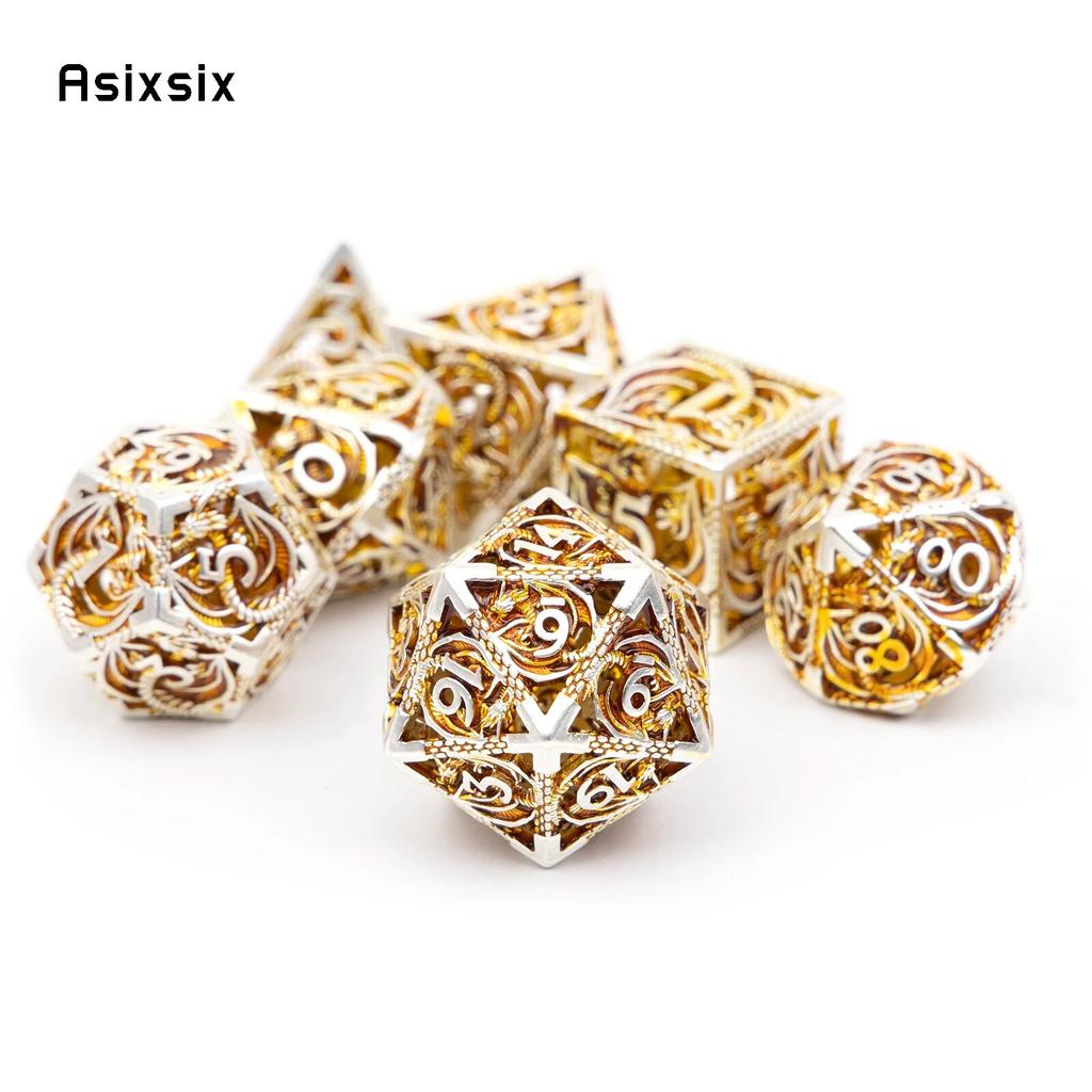 7 Pcs Golden White Dragon Metal Dice Dragon Hollow Metal Polyhedral Dice Set Suitable for Role-Playing RPG  Board Game Card Game