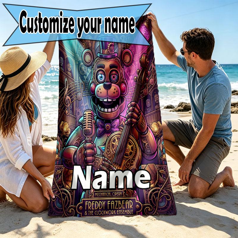 Personlig tilpasset strandhåndkle med navn, Five Nights at Freddy's-trykk, for reise, camping, strandfest, hjemmedekor, bursdagsgave til familie og venner