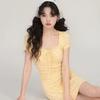 Elegant Yellow Floral Slim-Fit Summer Dress with Lace and Square Neck Short Style
