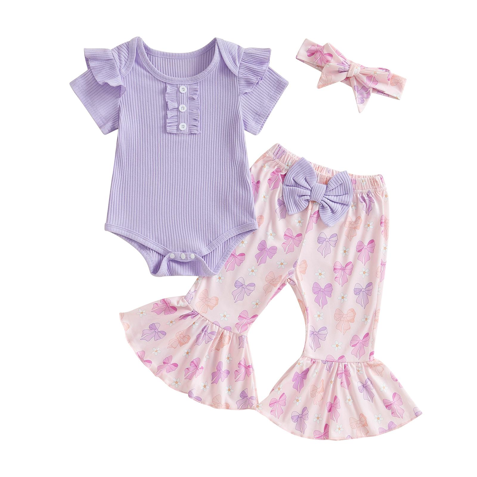 

Комплект из 3 предметов для девочек, брюки, комбинезон с рукавами-крылышками и круглым вырезом, расклешенные брюки с цветочным принтом, комплект с повязкой на голову фиолетовый