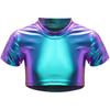 Girls Jazz Dance Top Metallic Short Sleeve Round Neck Crop Tee for Cheerleading Stage Performance