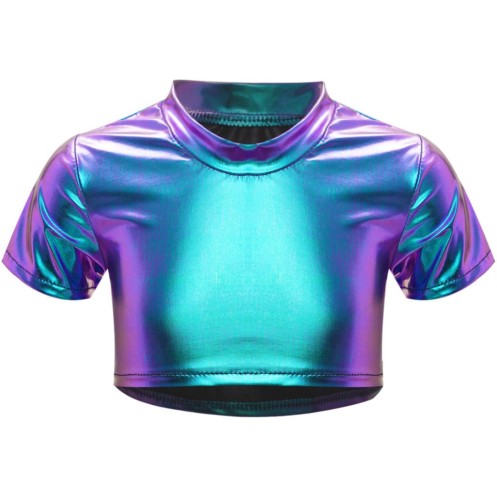 Girls Jazz Dance Top Metallic Short Sleeve Round Neck Crop Tee for Cheerleading Stage Performance