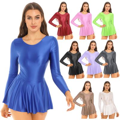 Women's Glossy Figure Ice Skating Dress Gymnastics Leotard Bodysuits Sportwear Dress