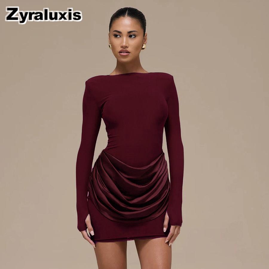 Women's Autumn Winter New Style Solid Elegant Casual Slim Fit Crew Neck Long Sleeve Ruffled Mini Dress