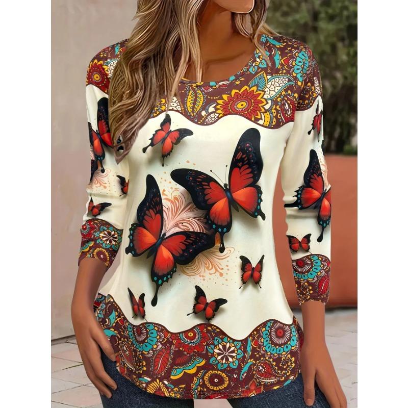 Women's Long Sleeve Colorful Butterfly Pattern T Shirts Tops Autumn Fashion  Women's Top Harajuku Fun Pullover Tshirt