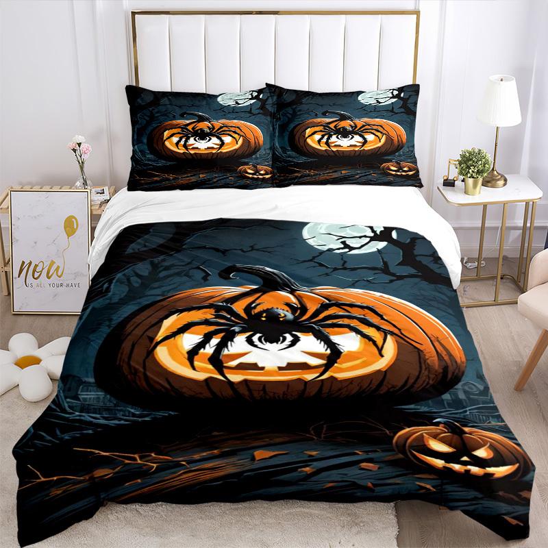 3pcs Spider-themed Jack-o'-lantern Duvet Cover Set - Includes 1 Duvet Cover and 2 Pillowcases, No Quilt Core, All-Season Home Decor Yy251111019