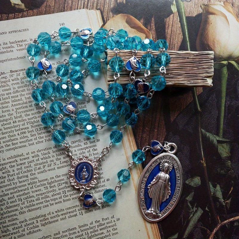 1PC Blue Crystal Rosary Virgin Pendant Necklace for Men Women Religious Jewelry