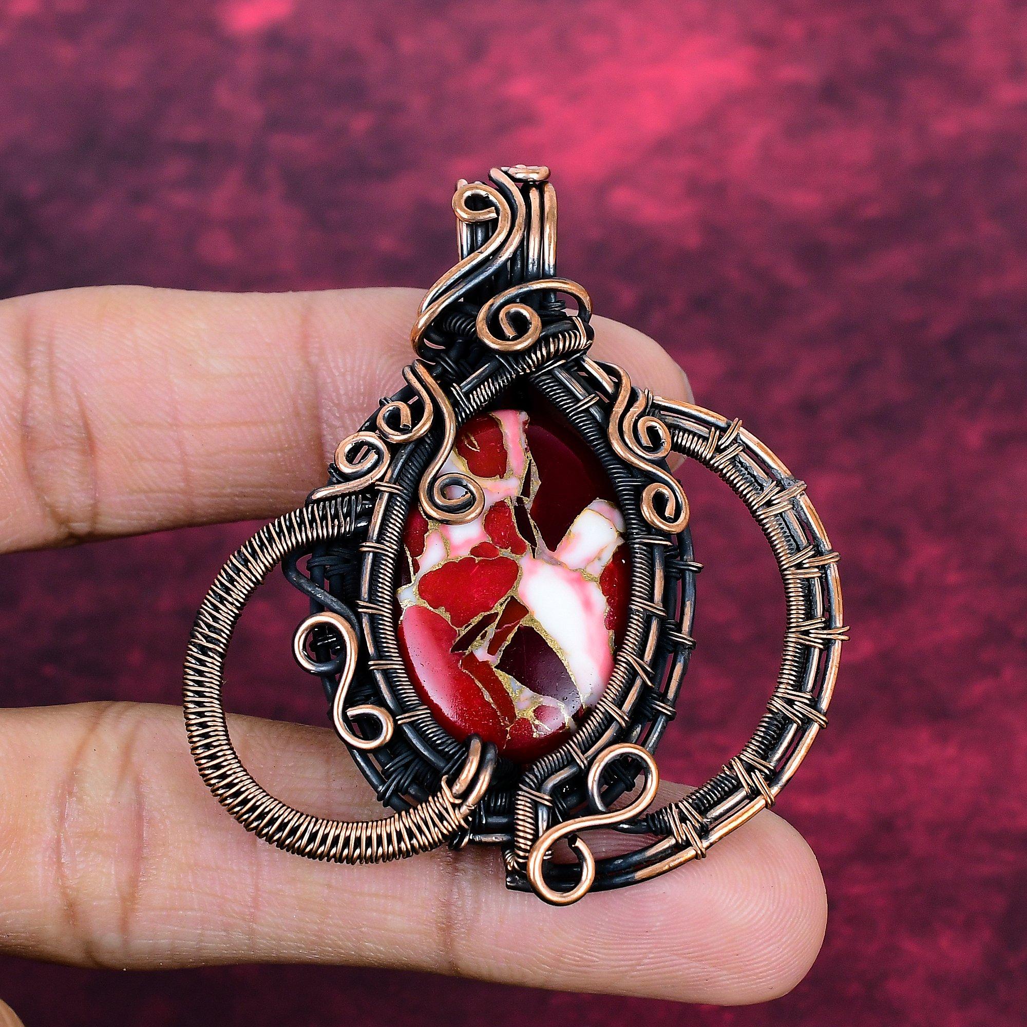 Kingman Red Mohave Copper Turquoise Pendant Handmade Copper Wire Wrapped Jewelry