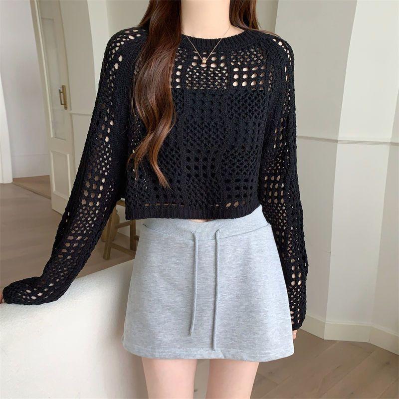 

Летний женский вязаный свитер топ универсальный солнцезащитный тонкий ажурный вязаный блузон на бретелях и сетчатая рубашка Average size 52-214 чёрный