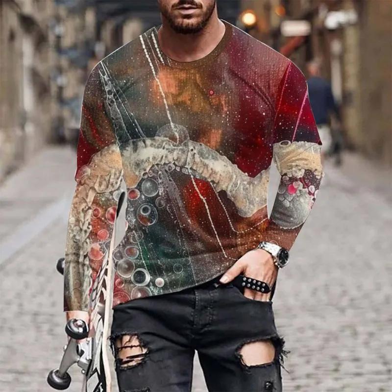 Fashion Men's Crew Neck Long Sleeve 3D Casual Color Printing Western Line Long Sleeve Crew Neck T-Shirt