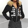 Sweat à capuche oversize court pour femme avec bordure marron pelucheuse Streetwear Pull