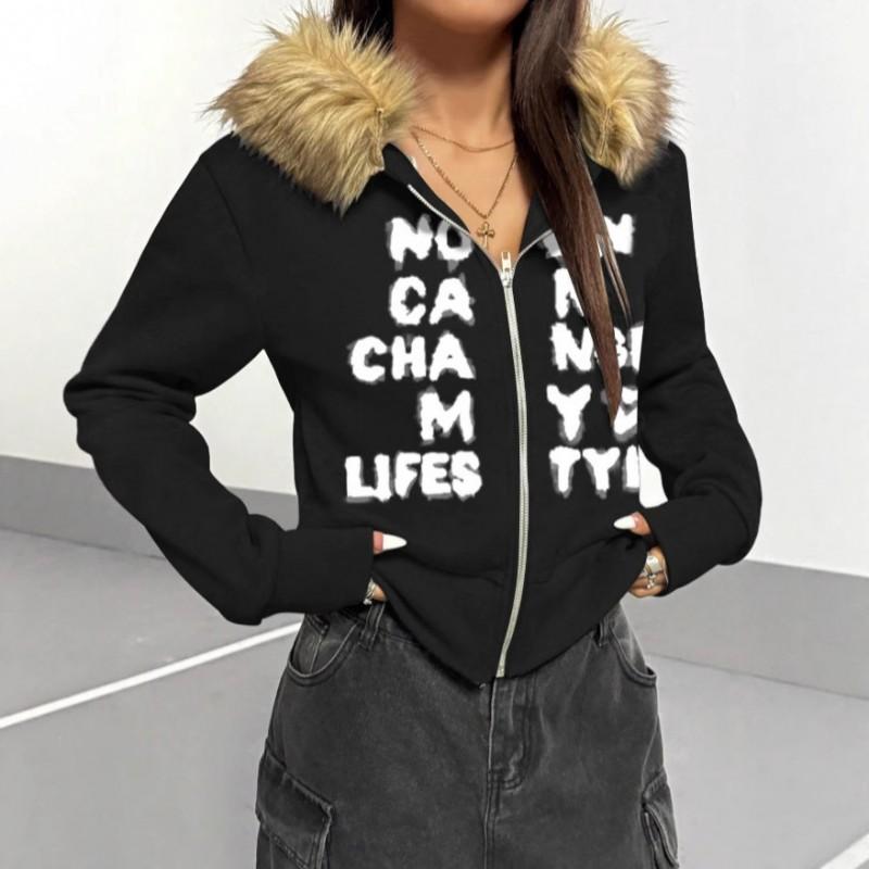 Sweat à capuche oversize court pour femme avec bordure marron pelucheuse Streetwear Pull