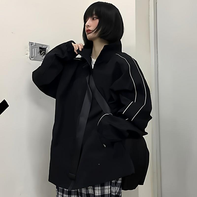 Unisex Oversized Vintage Reflective Stripe Jacket Loose Fit Korean Streetwear Baseball Coat