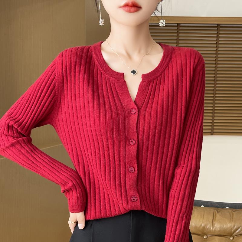 Autumn Korean Slimming V-Neck Wool Cardigan - Women's Long Sleeve Loose Fit