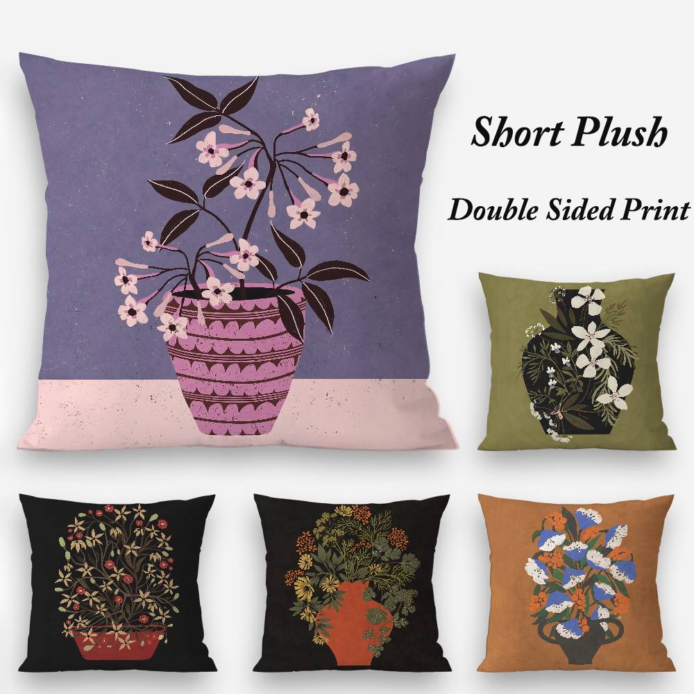 Classic Vintage Vase Pillow Case Plush Fabric Soft Double Sided Print Sofa Cushion Cover Throw Pillow Covers