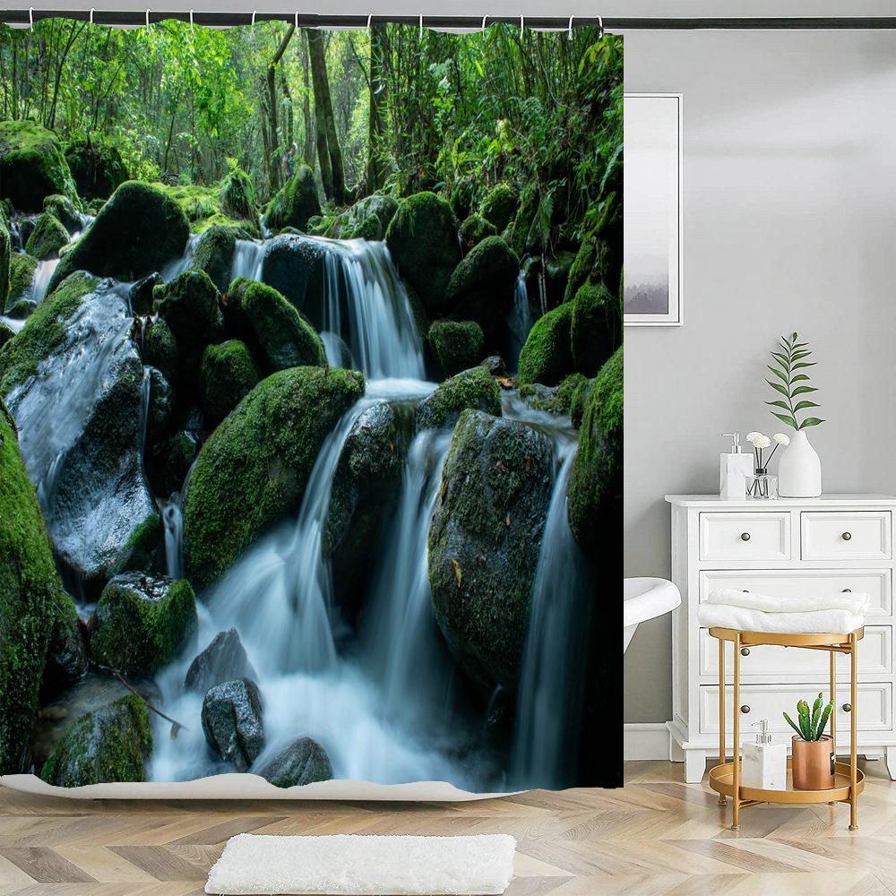 Natural Scenery Shower Curtain Set Forest Waterfall Spring Landscape Home Bathtub Decor Waterproof Polyester Bathroom Curtains
