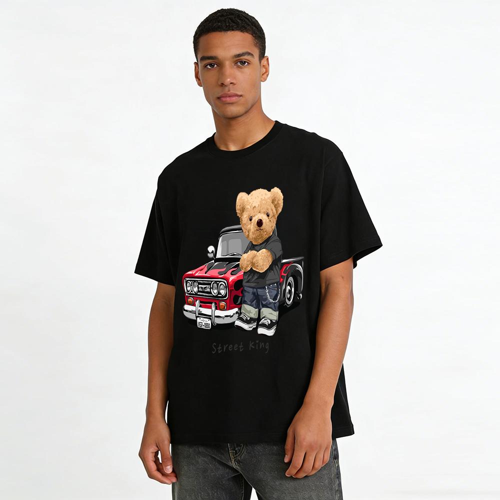Street King Teddy Bear Retro Truck Graphic Casual Tee Pure cotton T-shirt