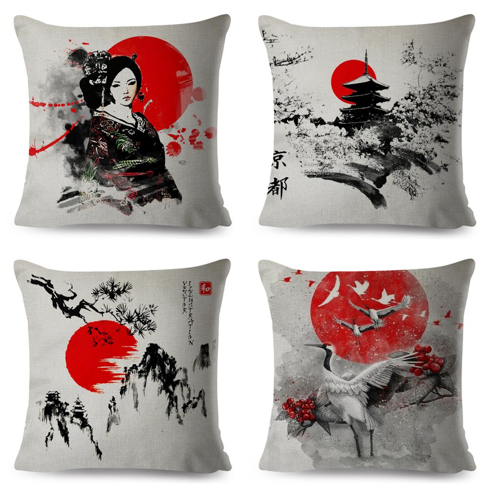 Japanese Style Ink Cushion Cover for Sofa Home Car Decor Beautiful Scenery Cat Girl Pillowcase Polyester Pillow Case 45x45cm