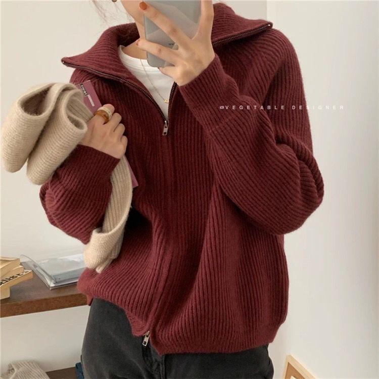 

Casual Knitted Cardigan Sweaters Women Autumn Winter Vintage Zip-up Solid Loose Long Sleeve Tops Knitwear Chic Kpop XXL червоний
