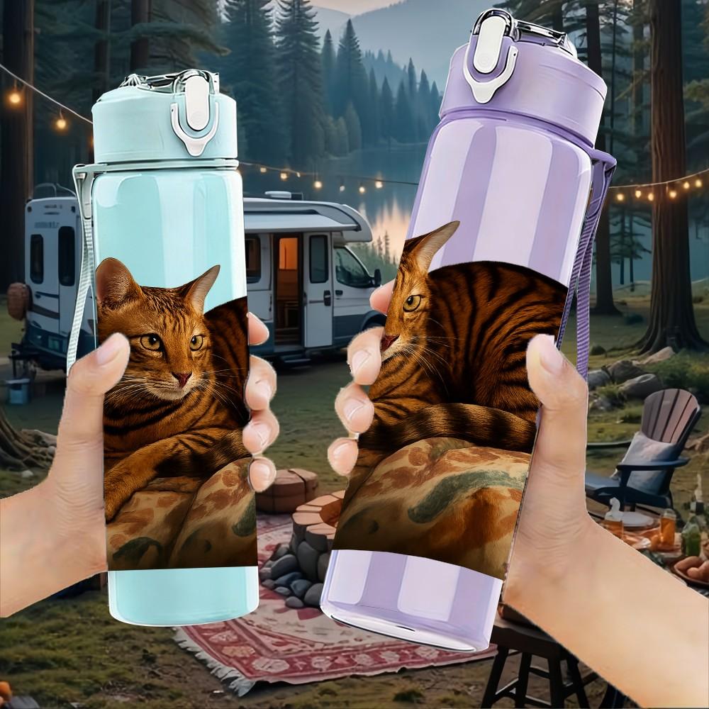1PC Cat Curled Sleeping Pose 750ml Color Plastic Sports Water Bottle Leakproof Flip Straw Lid Suitable for Sports Office Home Use