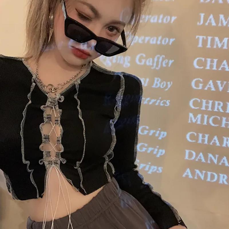 

WTEMPO женские облегающие укороченные топы с длинными рукавами на шнурке, весенние тонкие короткие черные рубашки, уличная одежда S чёрный