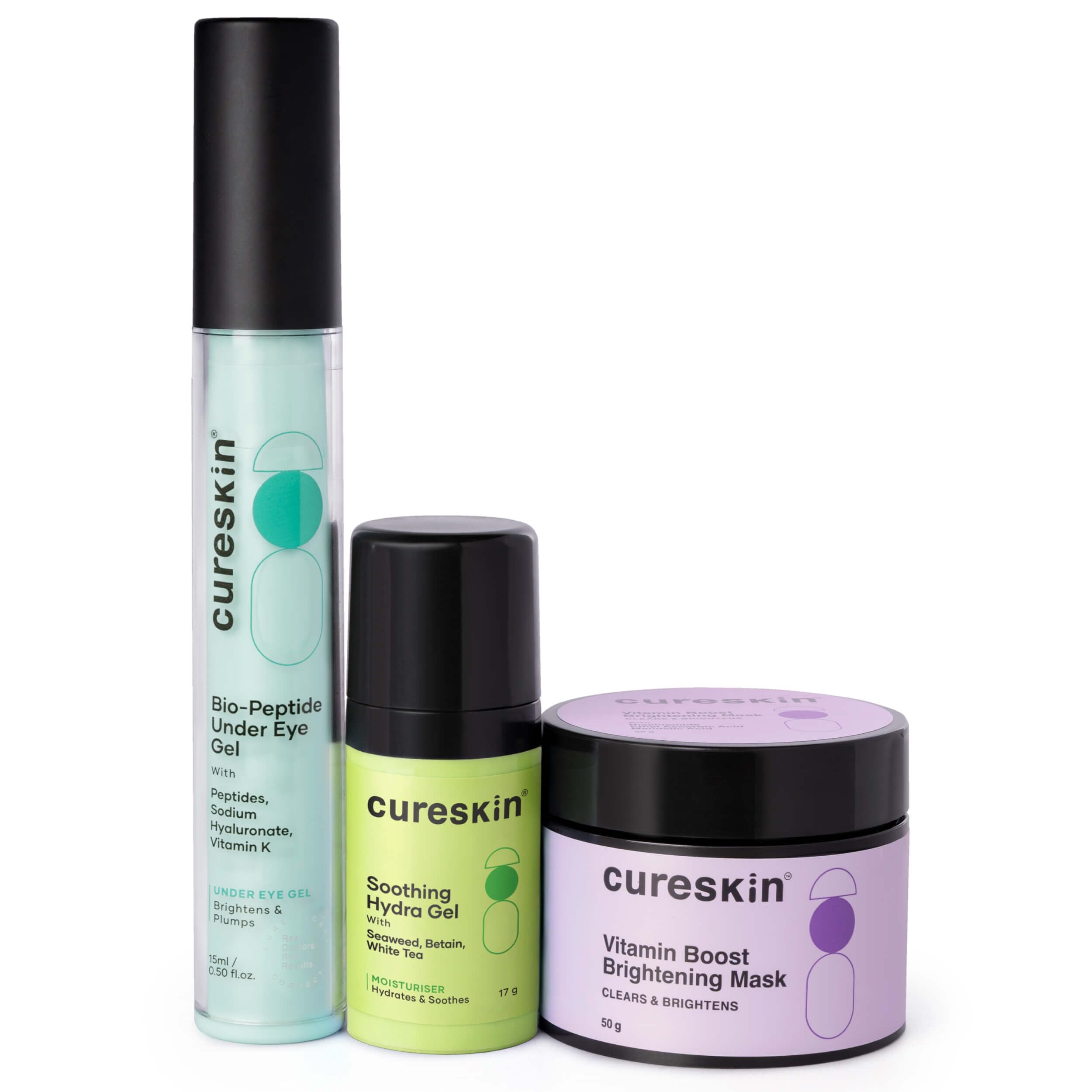Cureskin 3-in-1 Skin Radiance Kit | Under Eye Gel + Vitamin Boost D-Tan Mask + Soothing Hydration Gel