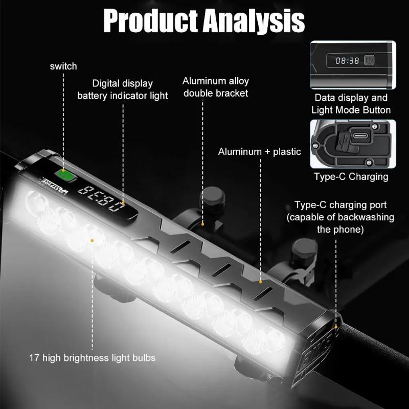 Luce per Bicicletta Anteriore 17 LED 25500 Lumen Luce Bici 10000mAh Torcia Impermeabile Ricarica USB Lampada per Ciclismo MTB Strada Accessori