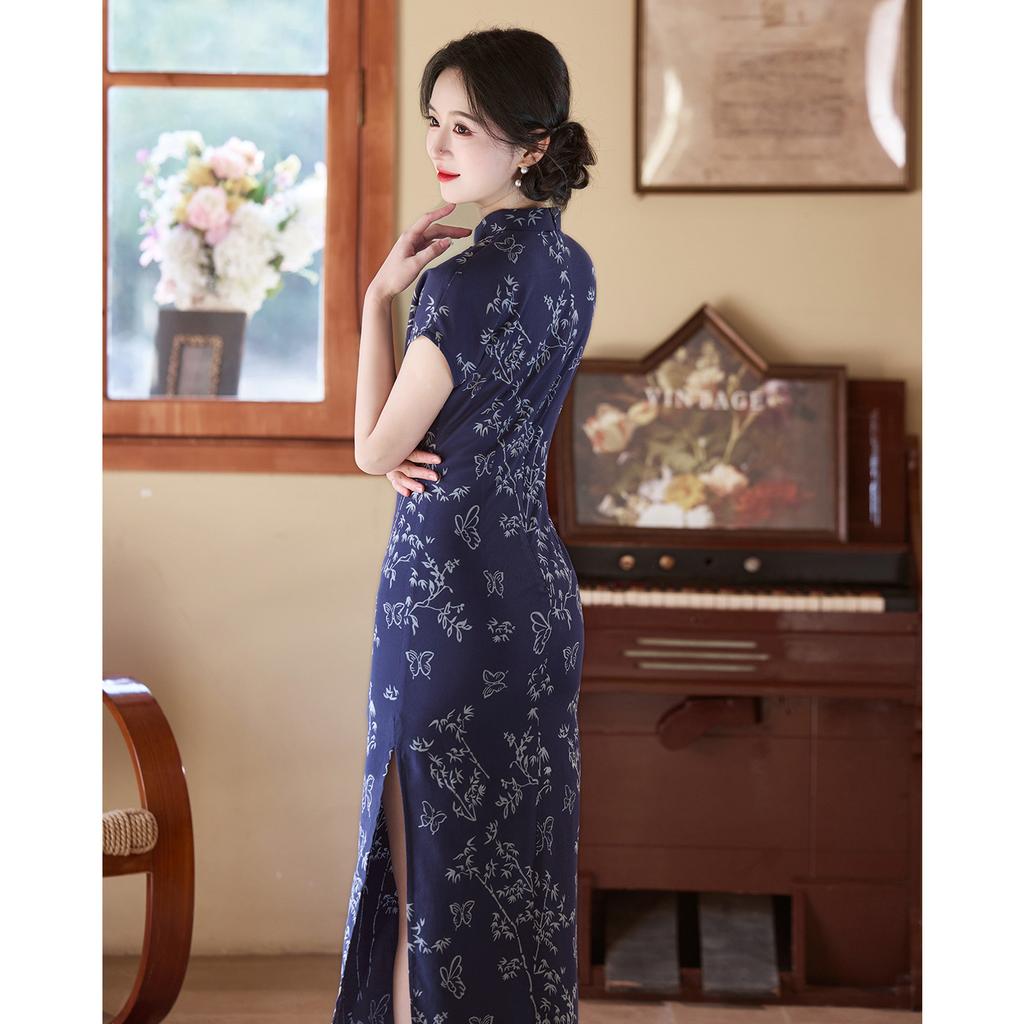 New national style ancient high-end cheongsam blue new Chinese long style improved young style