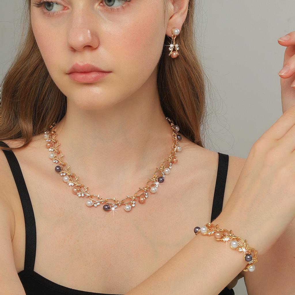 Pearl Necklace Set Women'S Alloy Diamond Necklace Earrings Bridal Premium Two-Piece Set