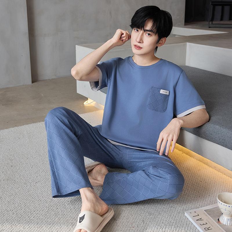 100% cotton round neck short sleeves trousers pajamas men's summer high sense Internet celebrity casual men's loungewear suit