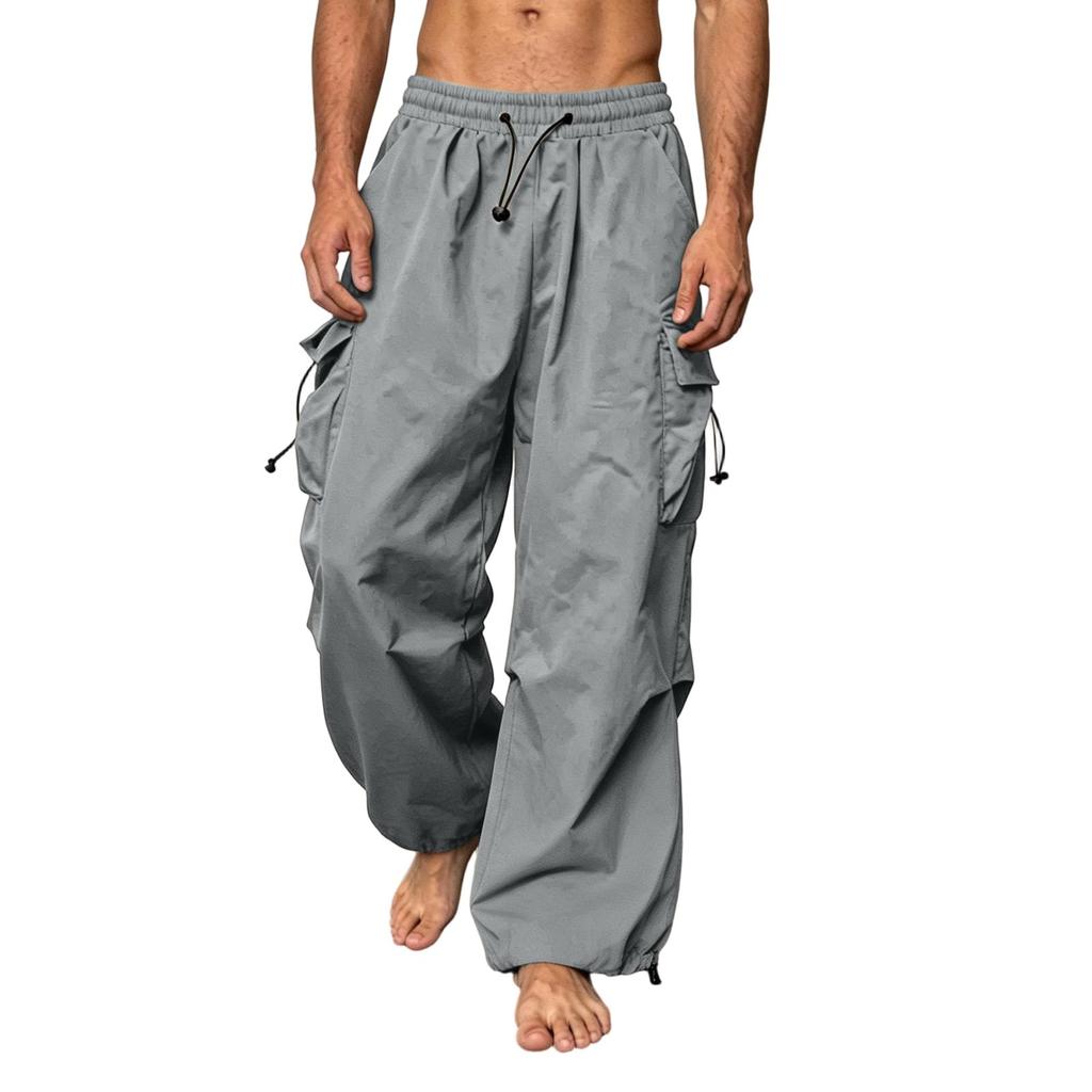 Men's Loose Fit Casual Cargo Pants Elastic Waistband Drawstring Adjustable Hem Multi Pocket Utility Trousers for Everyday Wear