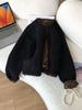 Women's Black Lambswool Leopard Print Velvet Jacket - Leather-Fur, Round Neck, Thick Fleece Lining.