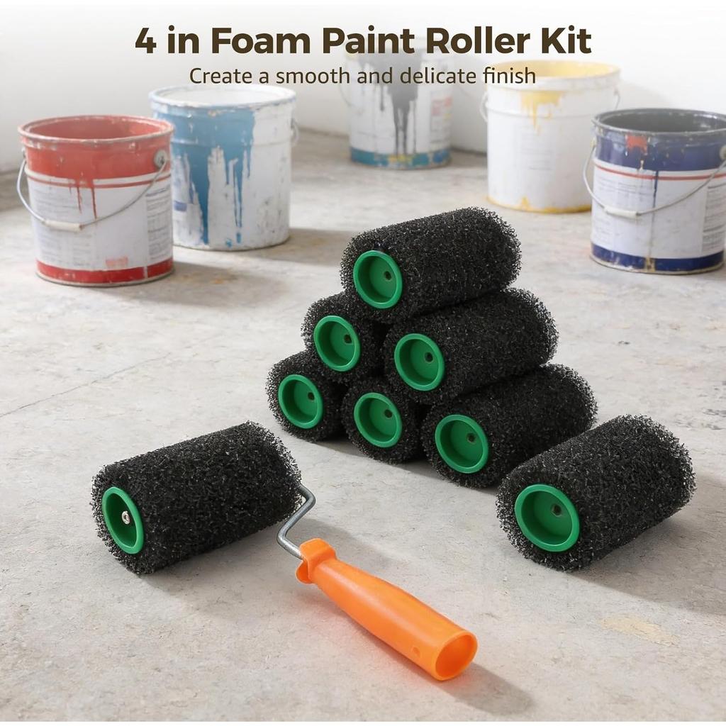 10 Pcs 4 in Foam Paint Roller Kit, Including 9 Replacement Refills and 1 Roller Frame, High Density Sponge Roll on Bed Liner for Truck Coatings