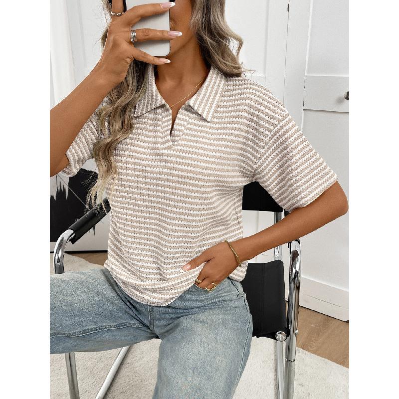 2026 Women's Turn-down Collar Solid Color Knitted Pullover Loose Short Sleeve Casual T-shirt
