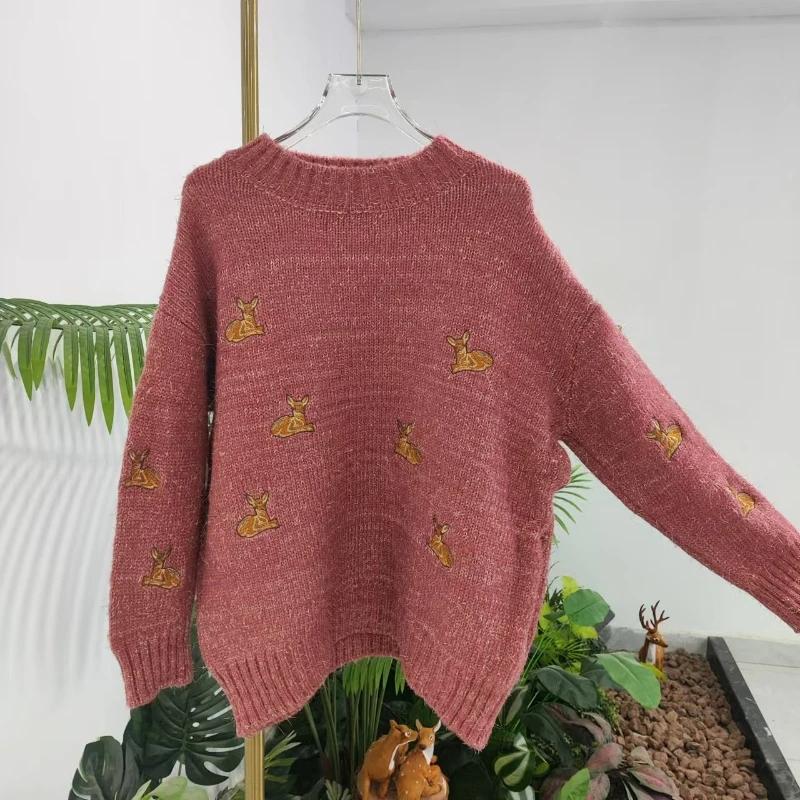 

Christmas Deer Women s Sweater Embroidered Crew Neck Long Sleeved Knitted Sweaters Fall Winter Warm Woman Pullover Top One Size