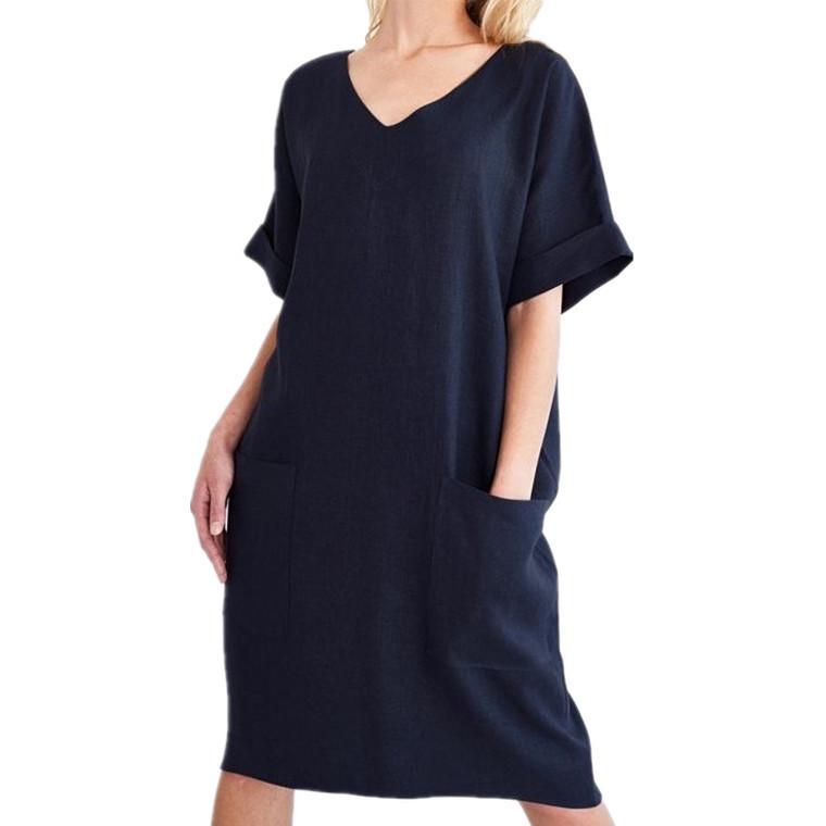 V-neck Short Sleeve Cotton Linen Summer Dress with Pockets