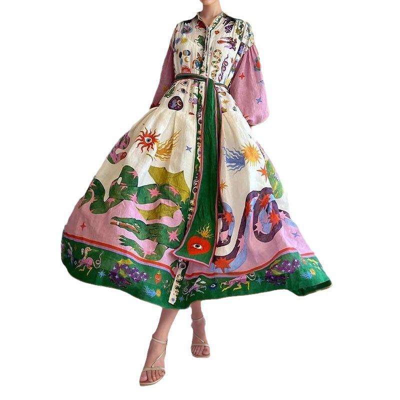 Frühling Neue Damenbekleidung Temperament Laternenärmel Print Revers Großes Pendel Kleid Damen