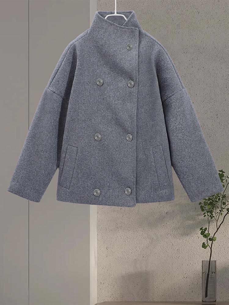 Elegant Women's Coat High Stand Collar Full Sleeve Double Breasted Solid Female Coats 2025 Autumn Fashion High Street Lady Top